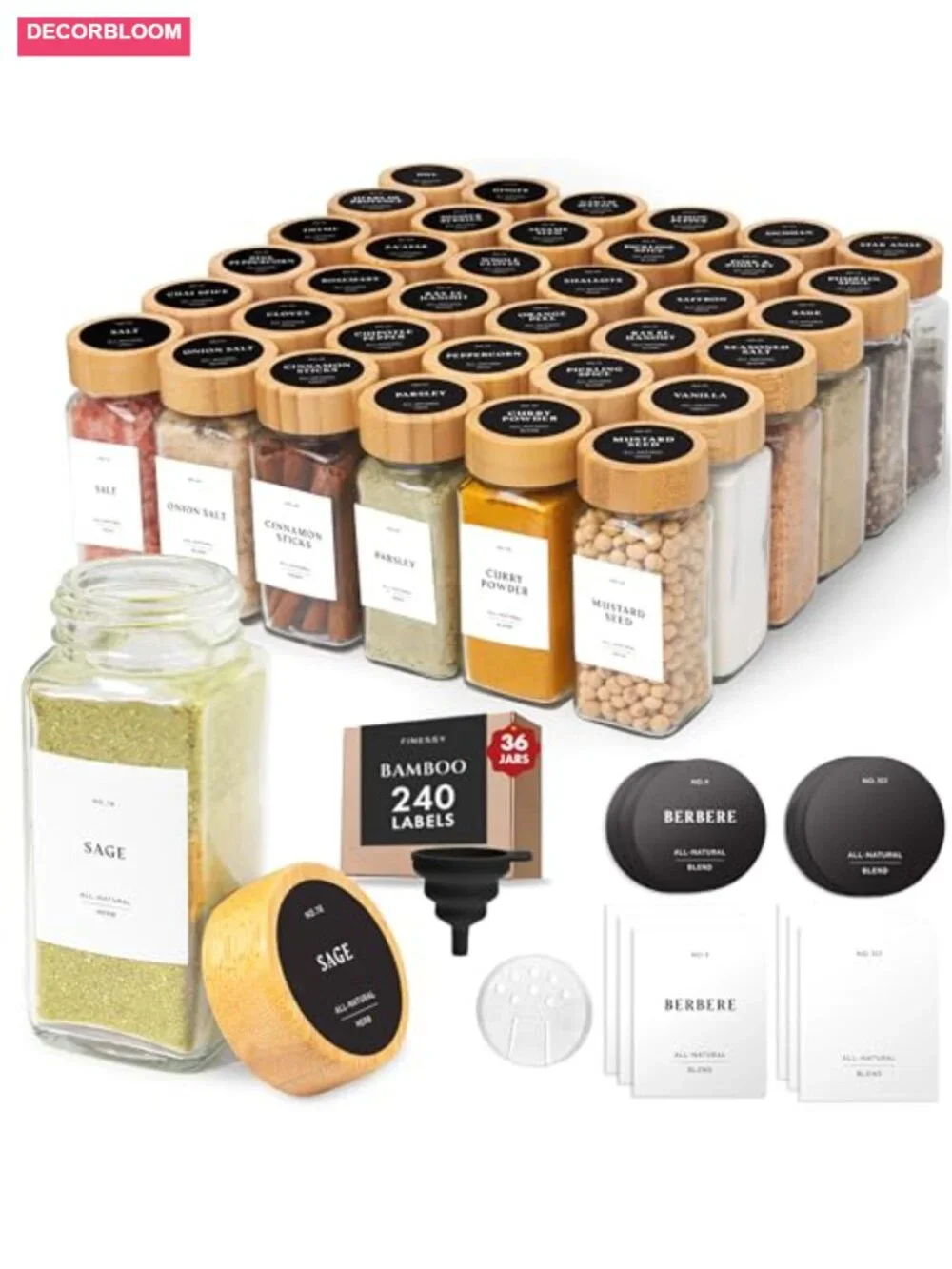 36 Pack Glass Spice Jars with Bamboo Lids, Shaker Lids & Labels, 4oz Empty Jars